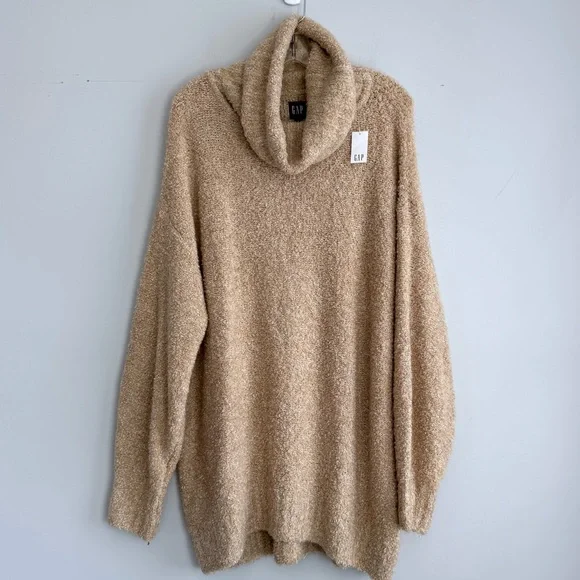 NWT GAP Cozy Boucle Turtleneck Tunic Sweater Wheat Beige L Cowl Neck Warm Knit - Picture 6 of 16